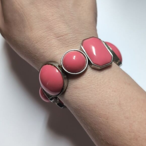 218 Silver with Pink‎ Stones Geometric Shapes Link Bracelet - Picture 1 of 5